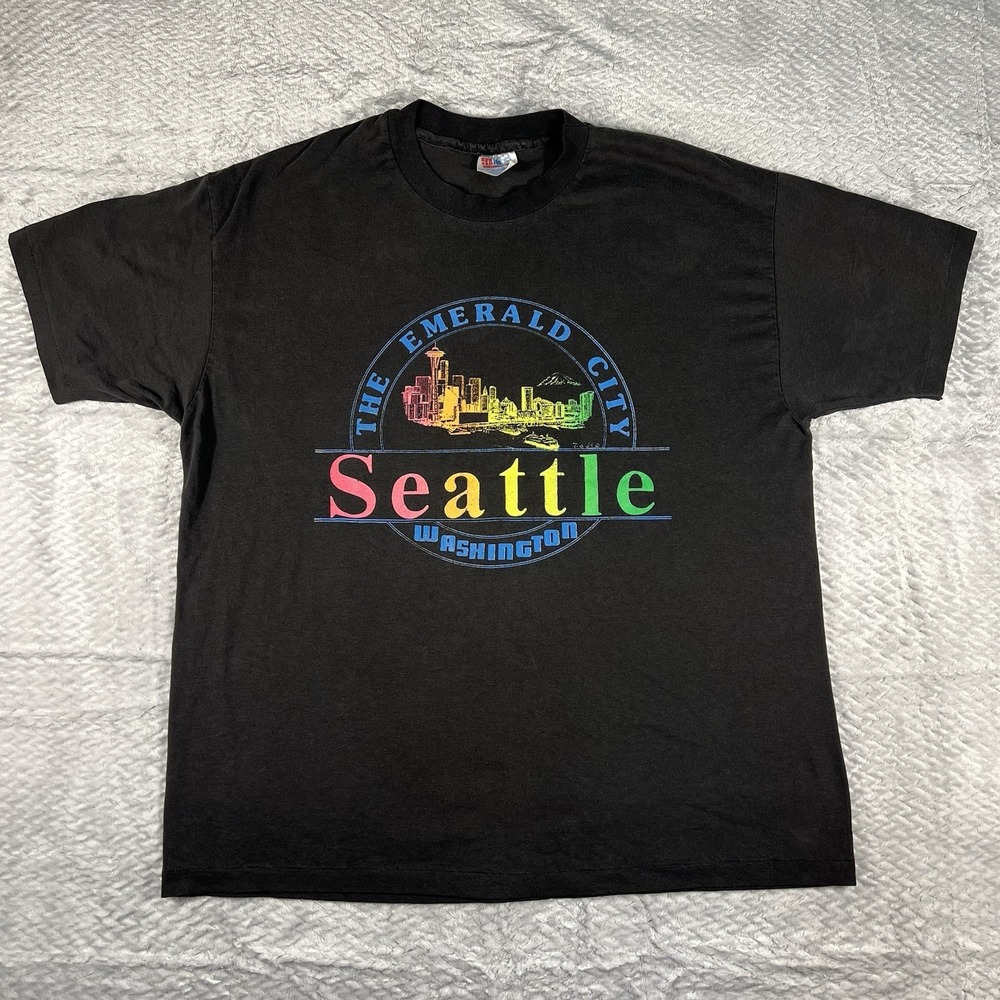 Vintage Single Stitch Seattle Washington Rainbow Logo Black T Shirt 90s 50/50